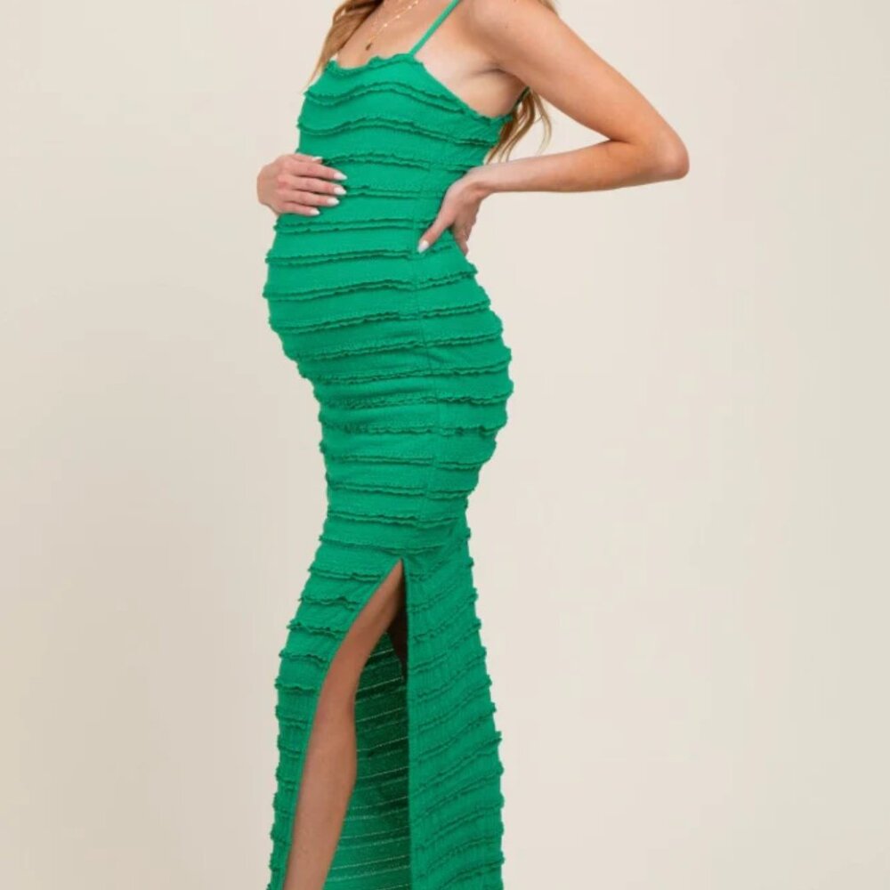 Green Ruffle Tiered Fitted Maternity Maxi Dress